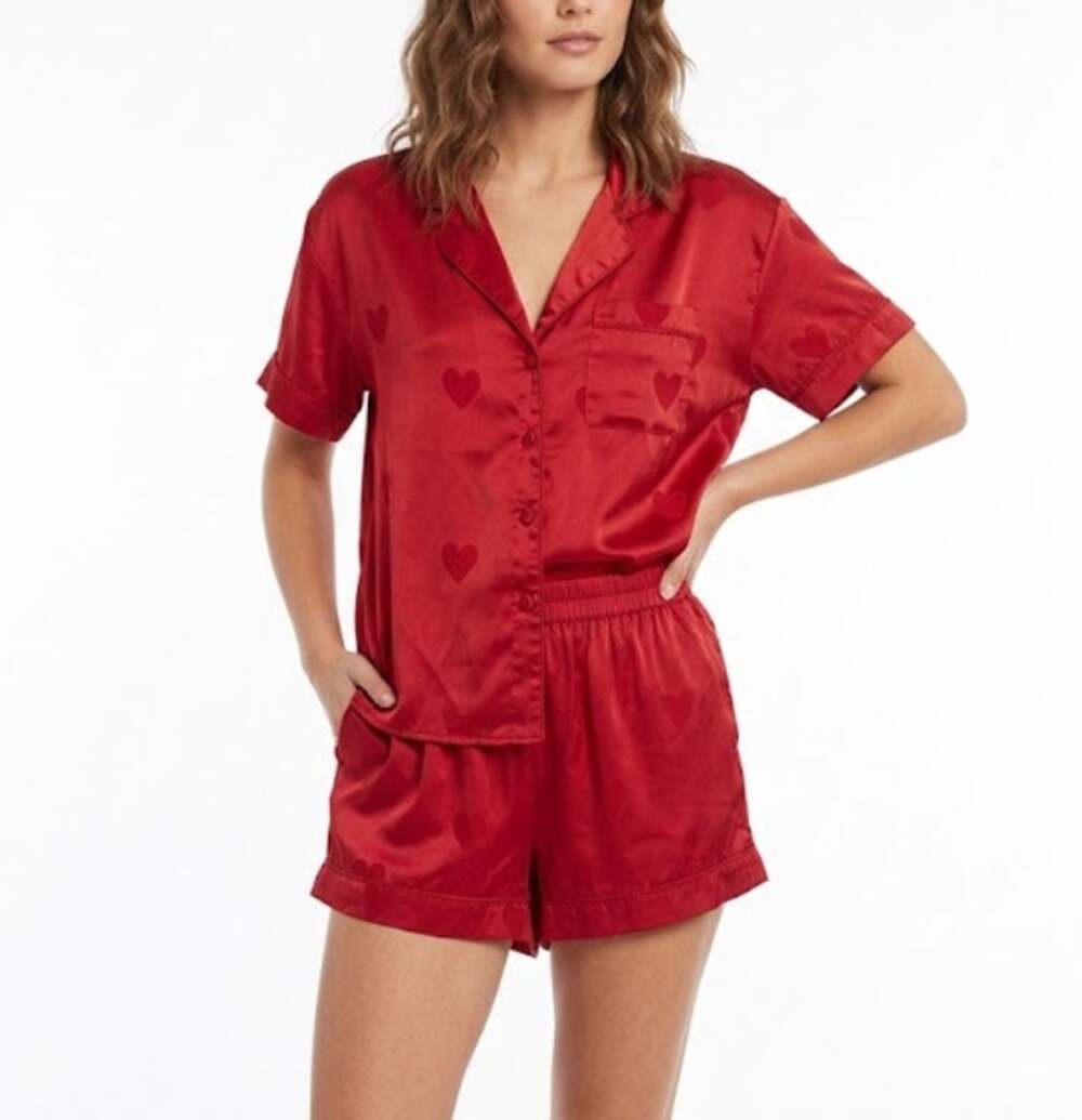 NUUDS Short Sleeve Heart Satin Short Pajama Set Lightweight Red Womens Size M